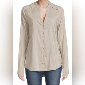 Splendid washed tan, mandarin collar, v neck, long sleeves, button down